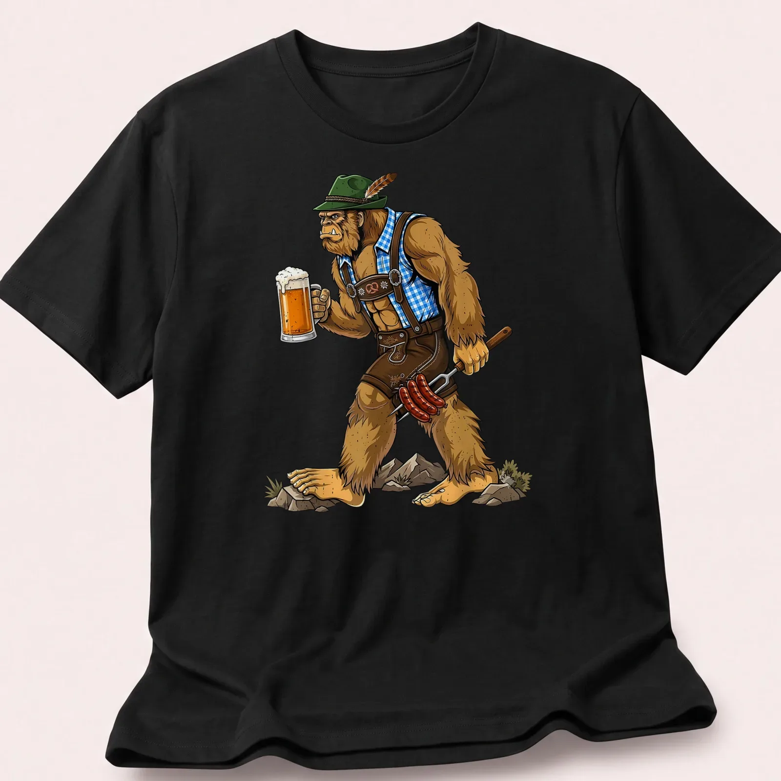 Cartoon design of Bigfoot holding beer and sausages in vibrant colors — printed on a unisex t-shirt