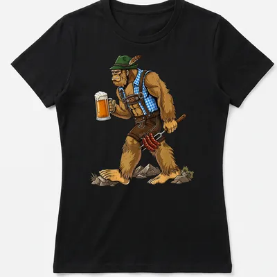Cartoon design of Bigfoot holding beer and sausages in vibrant colors — printed on a women's shirt