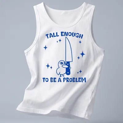 Cartoon bird holding a knife with humorous text about height issues — printed on a tank top