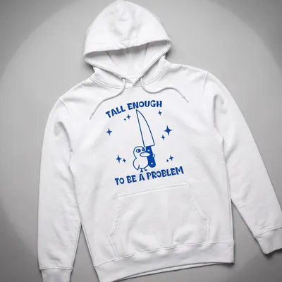 Cartoon bird holding a knife with humorous text about height issues — printed on a unisex hoodie