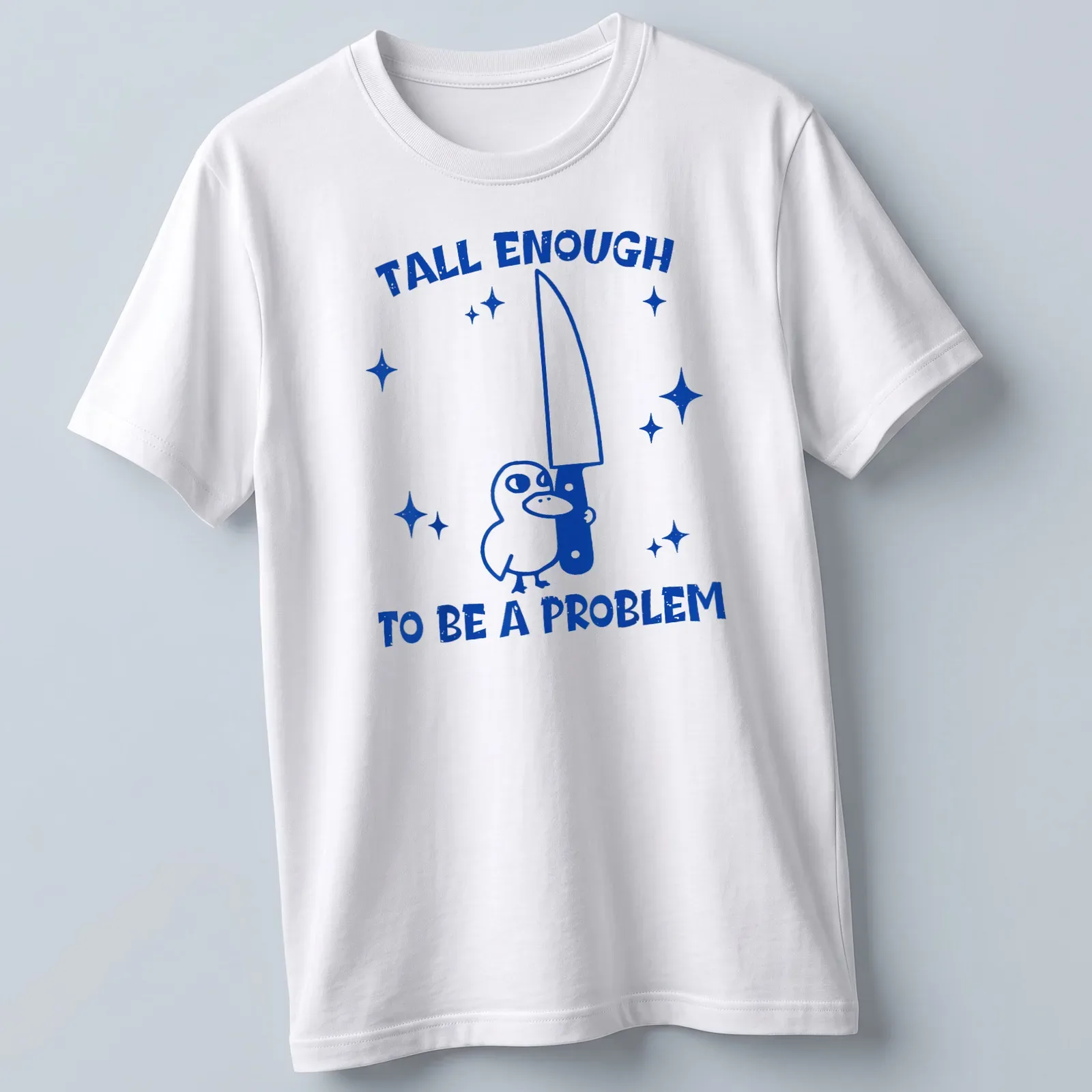 Cartoon bird holding a knife with humorous text about height issues — printed on a unisex t-shirt