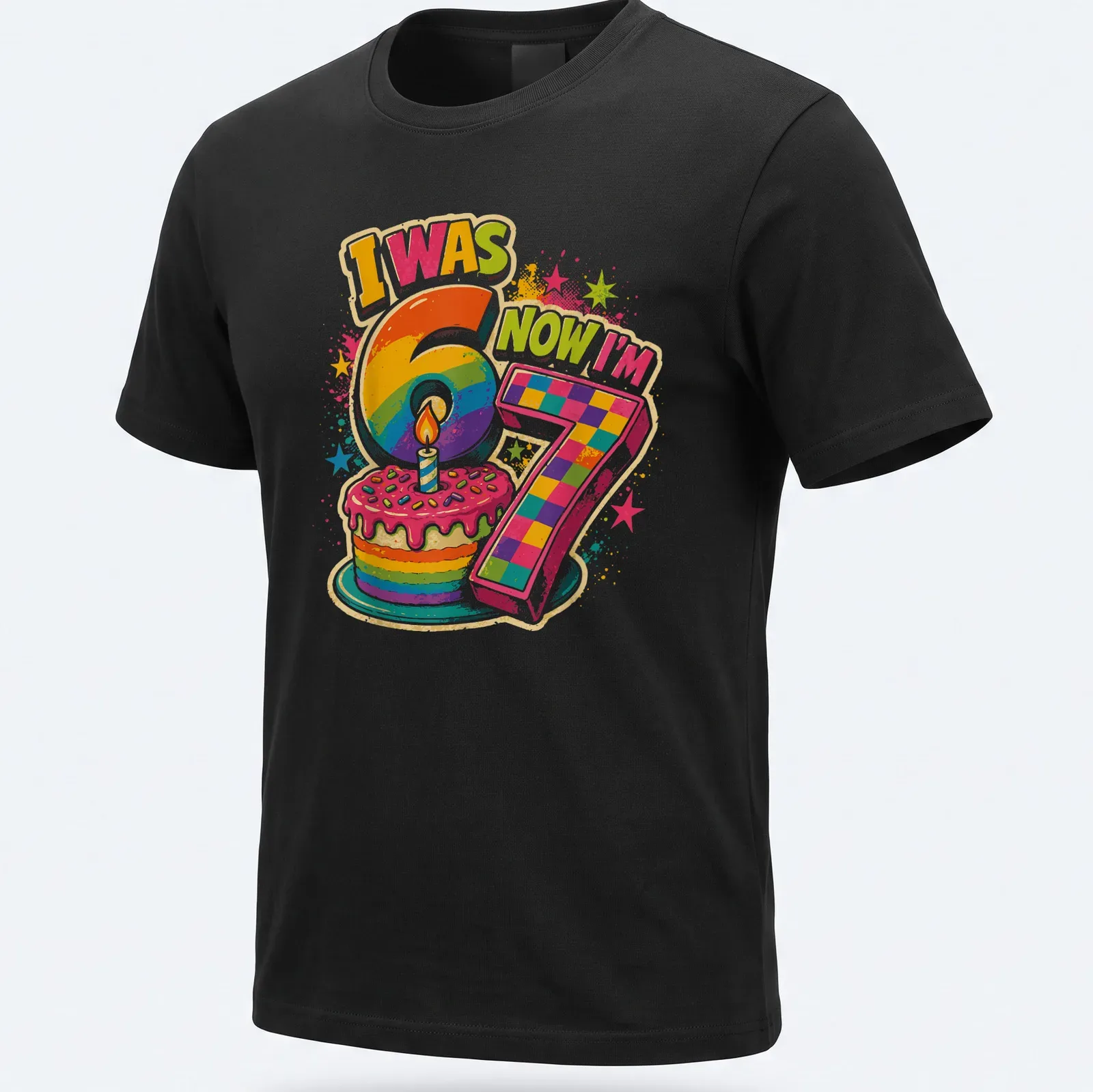 Colorful birthday cake design with text I Was 6 Now I'm 7 — printed on a unisex t-shirt