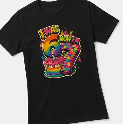 Colorful birthday cake design with text I Was 6 Now I'm 7 — printed on a women's shirt