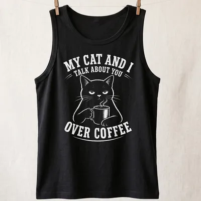 Funny T-shirt with a black cat and the text about coffee conversations — printed on a tank top
