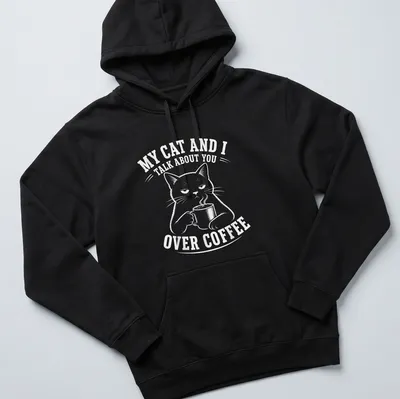 Funny T-shirt with a black cat and the text about coffee conversations — printed on a unisex hoodie