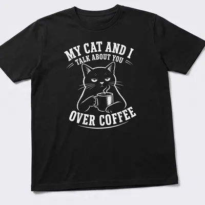 Funny T-shirt with a black cat and the text about coffee conversations