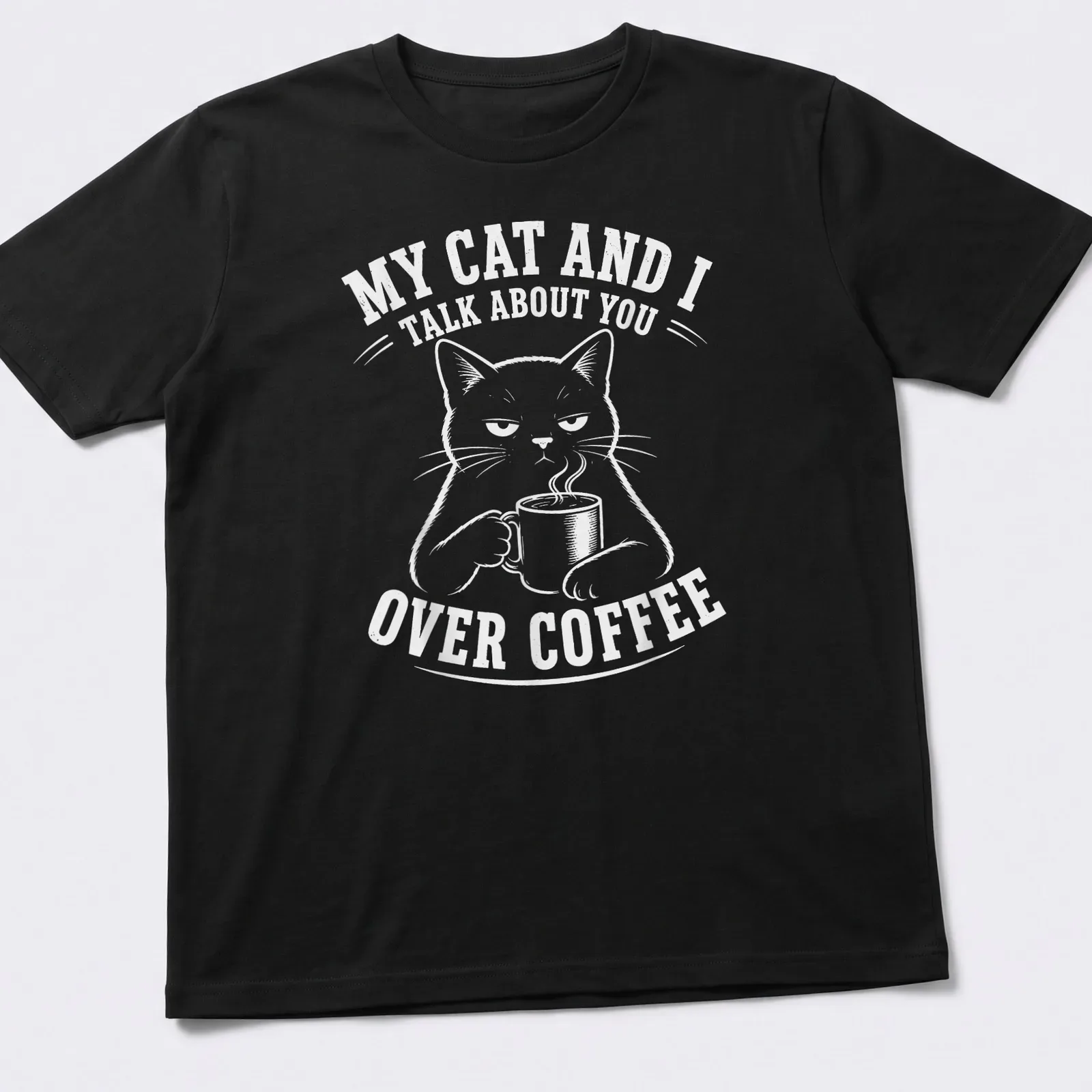 Funny T-shirt with a black cat and the text about coffee conversations — printed on a unisex t-shirt