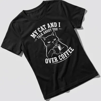 Funny T-shirt with a black cat and the text about coffee conversations — printed on a women's shirt