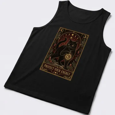 Vintage ornate print featuring a black cat and the text Protect Your Energy — printed on a tank top