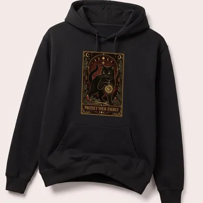 Vintage ornate print featuring a black cat and the text Protect Your Energy — printed on a unisex hoodie