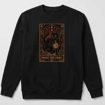 Vintage ornate print featuring a black cat and the text Protect Your Energy — printed on a unisex sweatshirt