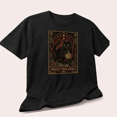 Vintage ornate print featuring a black cat and the text Protect Your Energy — printed on a unisex t-shirt (angled view)