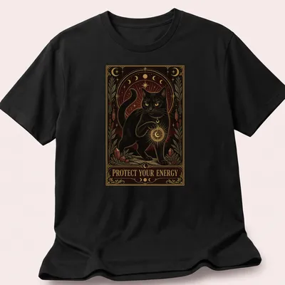 Vintage ornate print featuring a black cat and the text Protect Your Energy — printed on a unisex t-shirt