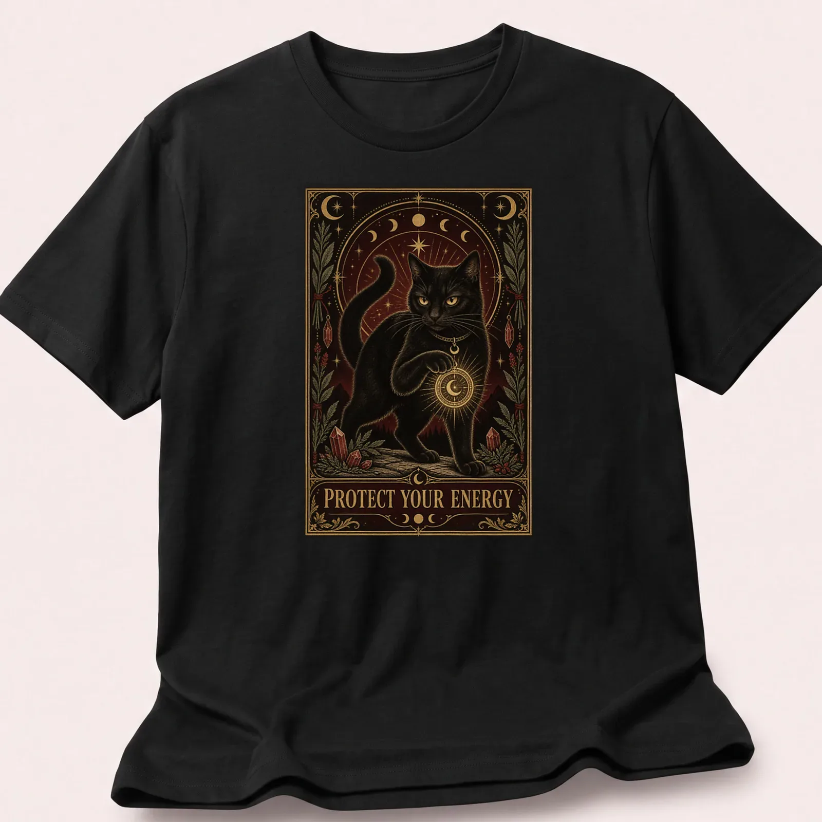 Vintage ornate print featuring a black cat and the text Protect Your Energy — printed on a unisex t-shirt