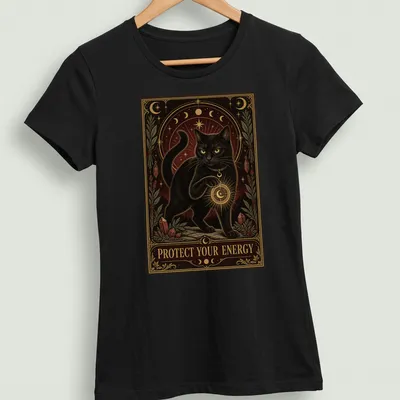 Vintage ornate print featuring a black cat and the text Protect Your Energy — printed on a women's shirt