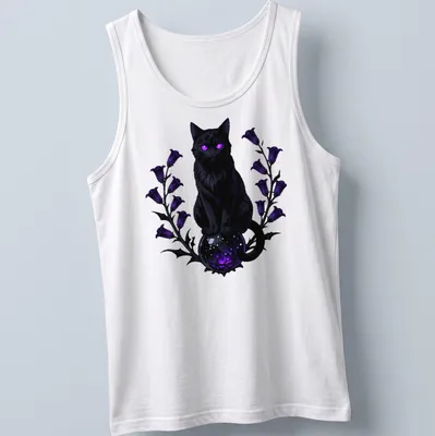Gothic black cat sitting on a mystical scrying orb in purple and blue tones — printed on a tank top