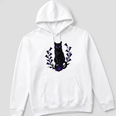 Gothic black cat sitting on a mystical scrying orb in purple and blue tones — printed on a unisex hoodie