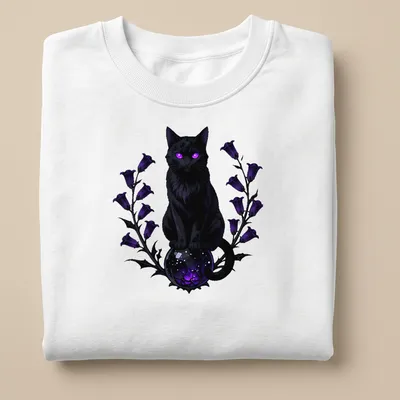 Gothic black cat sitting on a mystical scrying orb in purple and blue tones — printed on a unisex sweatshirt