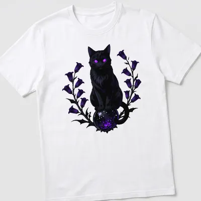 Gothic black cat sitting on a mystical scrying orb in purple and blue tones