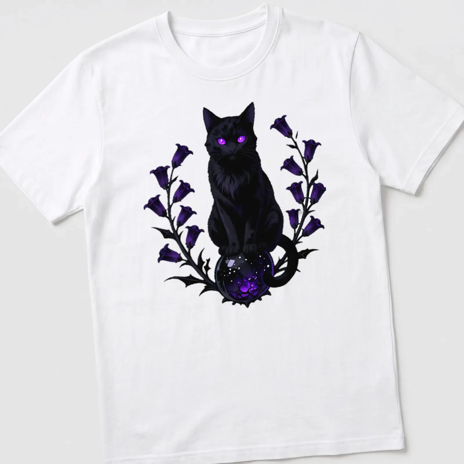 Gothic black cat sitting on a mystical scrying orb in purple and blue tones — printed on a unisex t-shirt