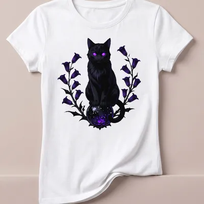 Gothic black cat sitting on a mystical scrying orb in purple and blue tones — printed on a women's shirt