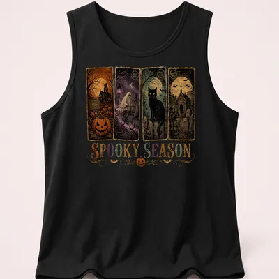Vintage Halloween design featuring a black cat and pumpkins with the text 'SPOOKY SEASON' — printed on a tank top