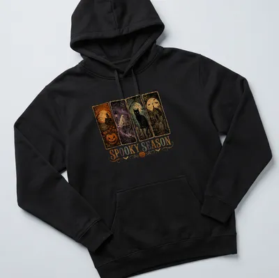 Vintage Halloween design featuring a black cat and pumpkins with the text 'SPOOKY SEASON' — printed on a unisex hoodie
