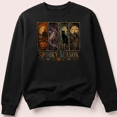 Vintage Halloween design featuring a black cat and pumpkins with the text 'SPOOKY SEASON' — printed on a unisex sweatshirt