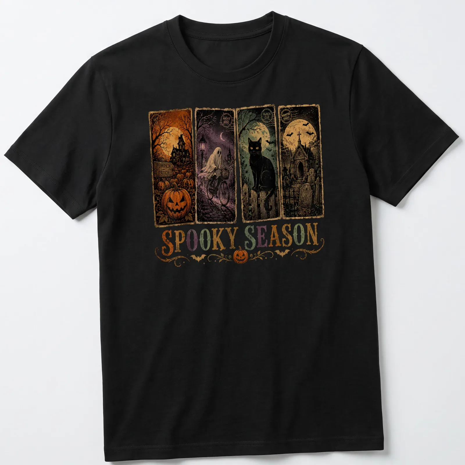 Vintage Halloween design featuring a black cat and pumpkins with the text 'SPOOKY SEASON' — printed on a unisex t-shirt