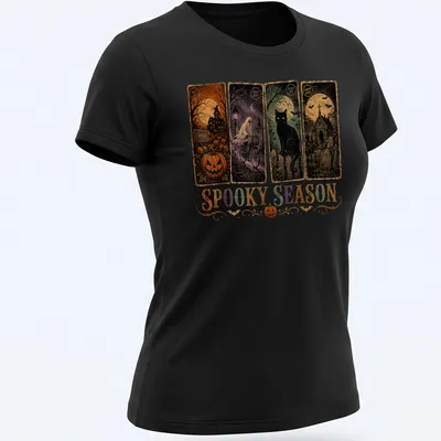 Vintage Halloween design featuring a black cat and pumpkins with the text 'SPOOKY SEASON' — printed on a women's shirt