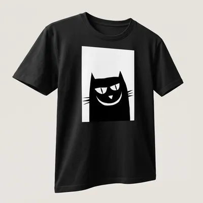 Minimalist black cat illustration on a white — printed on a unisex t-shirt (angled view)