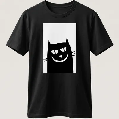 Minimalist black cat illustration on a white t-shirt