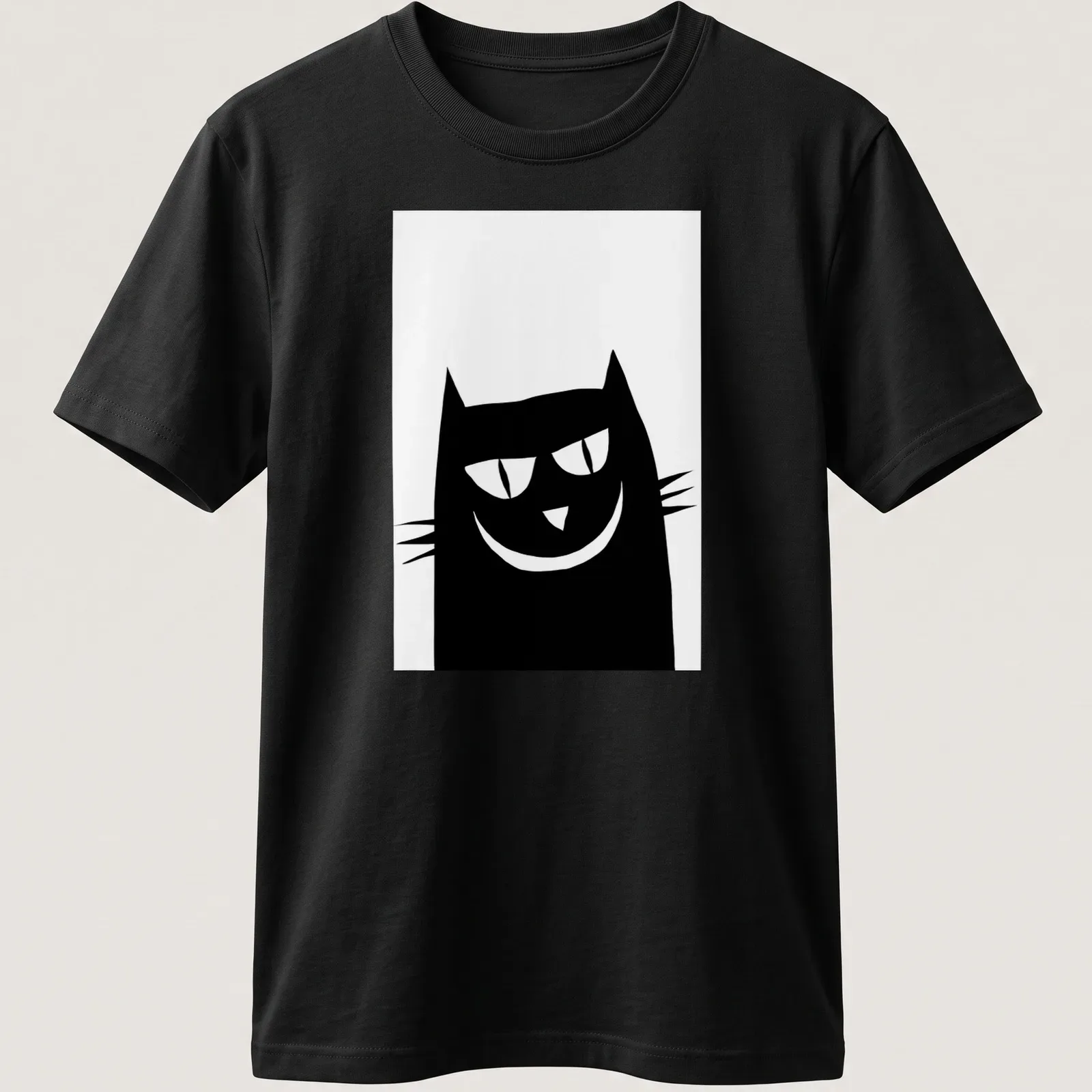 Minimalist black cat illustration on a white — printed on a unisex t-shirt