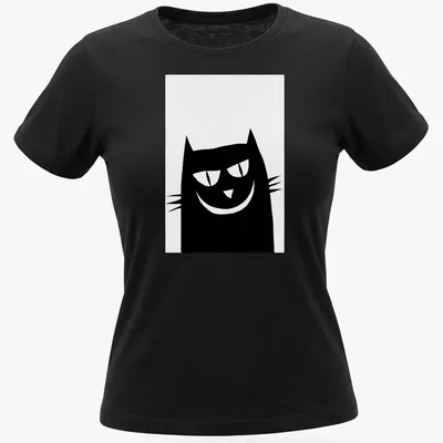 Minimalist black cat illustration on a white — printed on a women's shirt