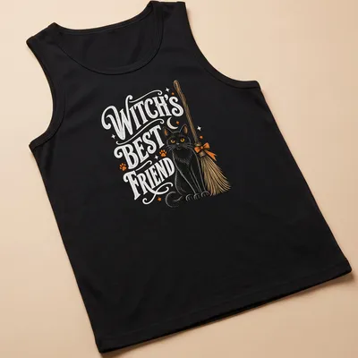 Vintage illustration of a black cat with the text 'WITCH'S BEST FRIEND' in Halloween colors — printed on a tank top
