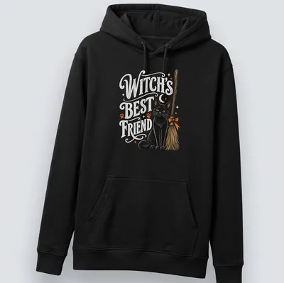 Vintage illustration of a black cat with the text 'WITCH'S BEST FRIEND' in Halloween colors — printed on a unisex hoodie