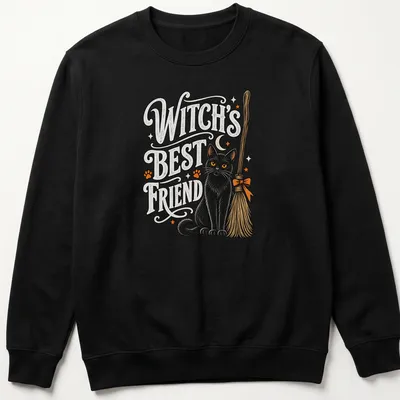Vintage illustration of a black cat with the text 'WITCH'S BEST FRIEND' in Halloween colors — printed on a unisex sweatshirt