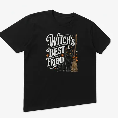 Vintage illustration of a black cat with the text 'WITCH'S BEST FRIEND' in Halloween colors — printed on a unisex t-shirt (angled view)