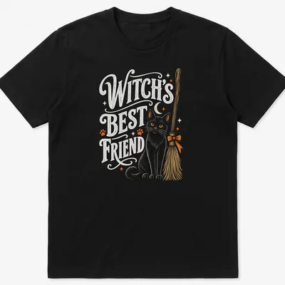 Vintage illustration of a black cat with the text 'WITCH'S BEST FRIEND' in Halloween colors