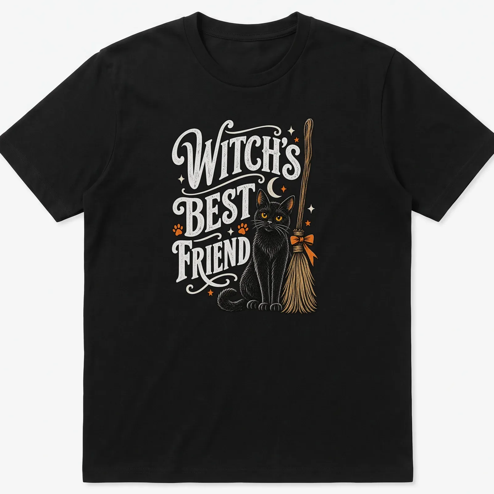 Vintage illustration of a black cat with the text 'WITCH'S BEST FRIEND' in Halloween colors — printed on a unisex t-shirt