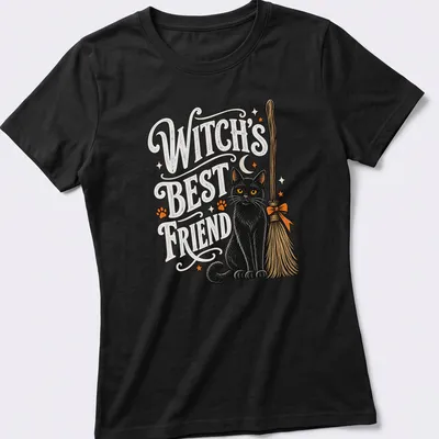 Vintage illustration of a black cat with the text 'WITCH'S BEST FRIEND' in Halloween colors — printed on a women's shirt