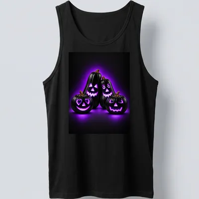 Black Halloween pumpkins glowing in neon purple with orange accents — printed on a tank top