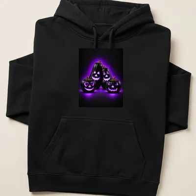 Black Halloween pumpkins glowing in neon purple with orange accents — printed on a unisex hoodie