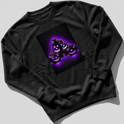 Black Halloween pumpkins glowing in neon purple with orange accents — printed on a unisex sweatshirt