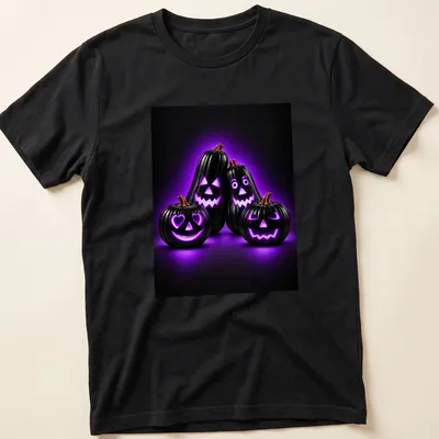 Black Halloween pumpkins glowing in neon purple with orange accents