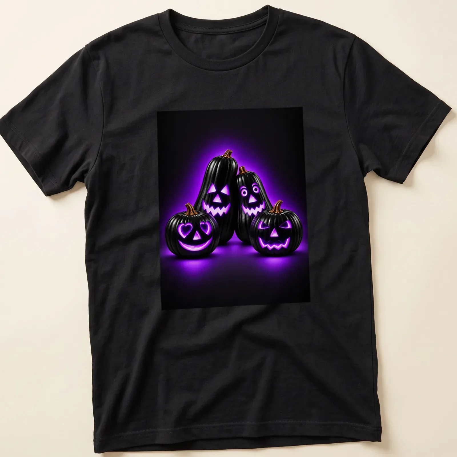 Black Halloween pumpkins glowing in neon purple with orange accents — printed on a unisex t-shirt