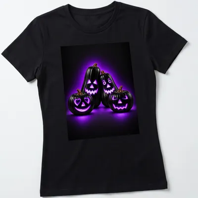 Black Halloween pumpkins glowing in neon purple with orange accents — printed on a women's shirt