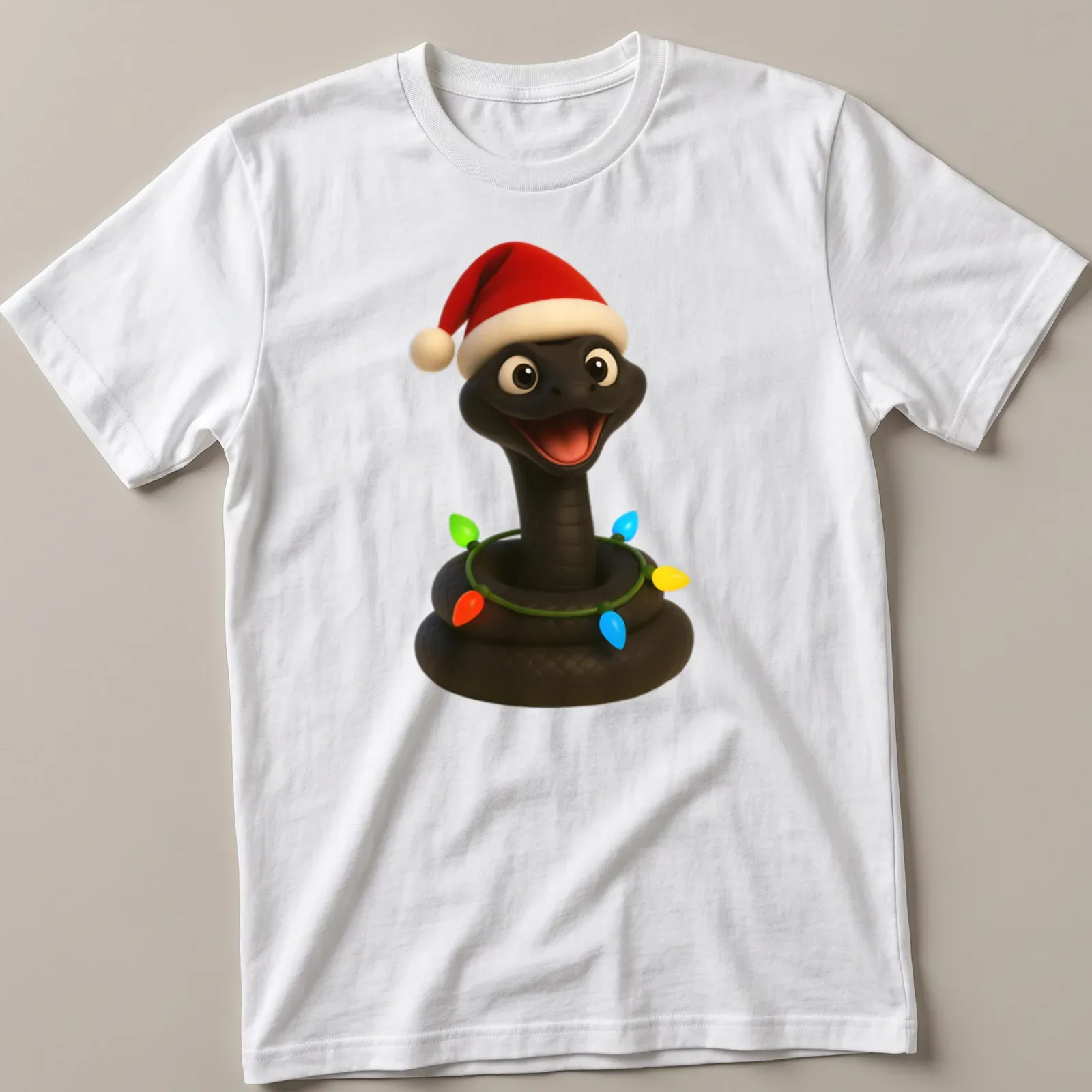 Cartoon Black Mamba snake wearing a Santa hat in festive colors — printed on a unisex t-shirt