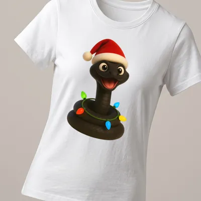 Cartoon Black Mamba snake wearing a Santa hat in festive colors — printed on a women's shirt