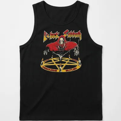 Vintage Black Sabbath t-shirt featuring a Doom Metal Reaper in red, white, yellow, and black — printed on a tank top